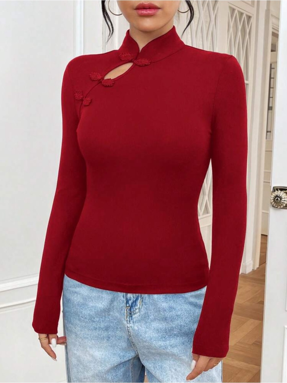 Mandarin Collar Fitted Long-Sleeve Top in Deep Red